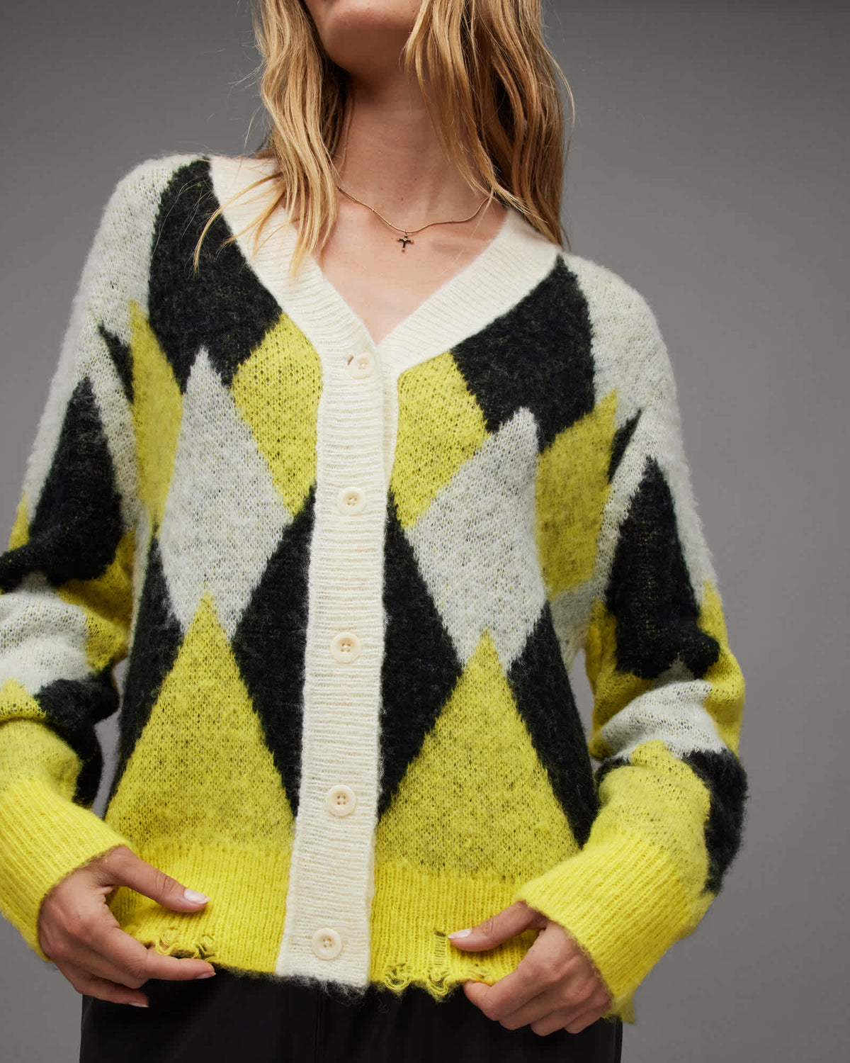 Hove Jacquard Print Wool Blend Cardigan WHITE/YELLOW/BLACK