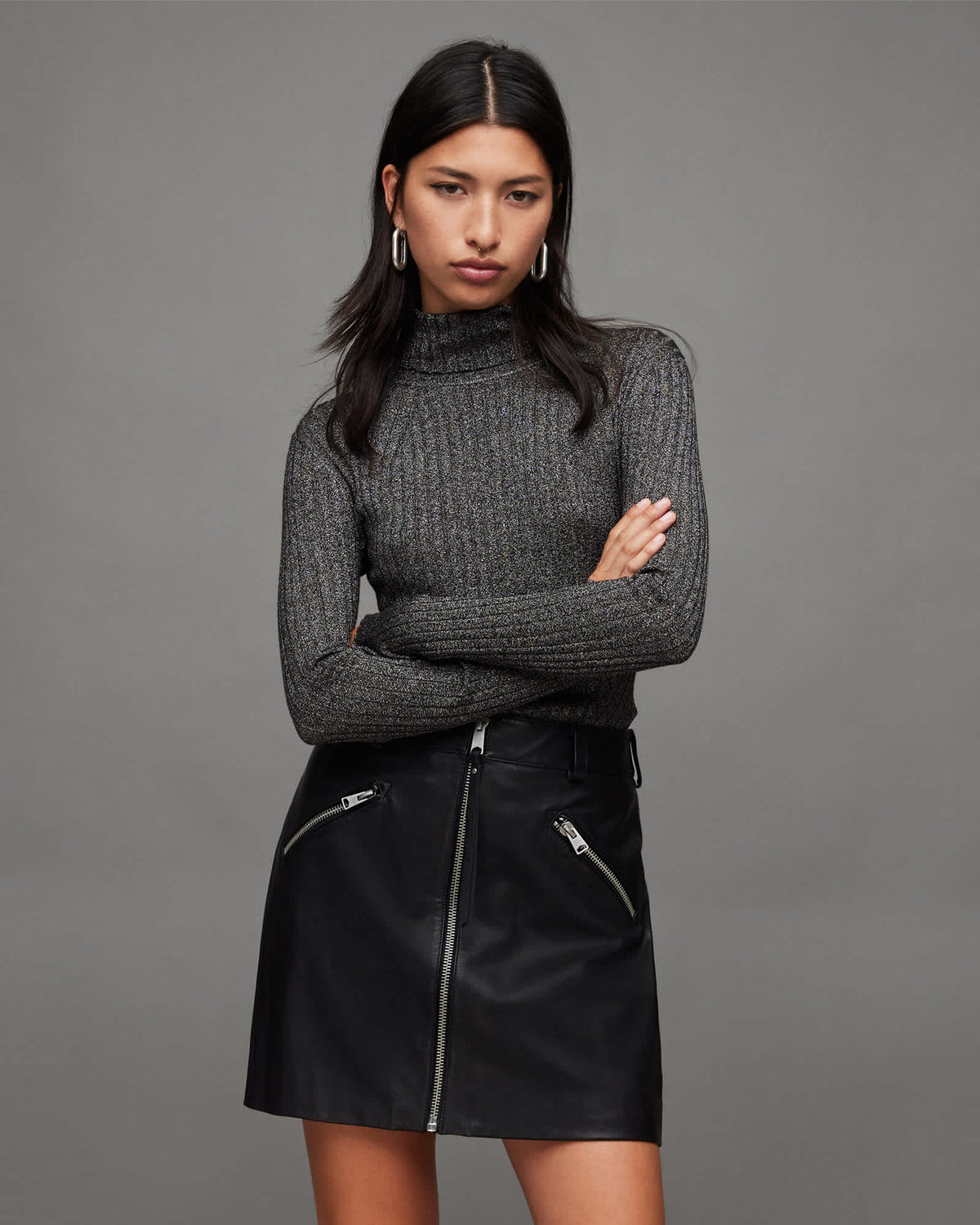 Juliette Roll Neck Slim Metallic Jumper Black/Silver