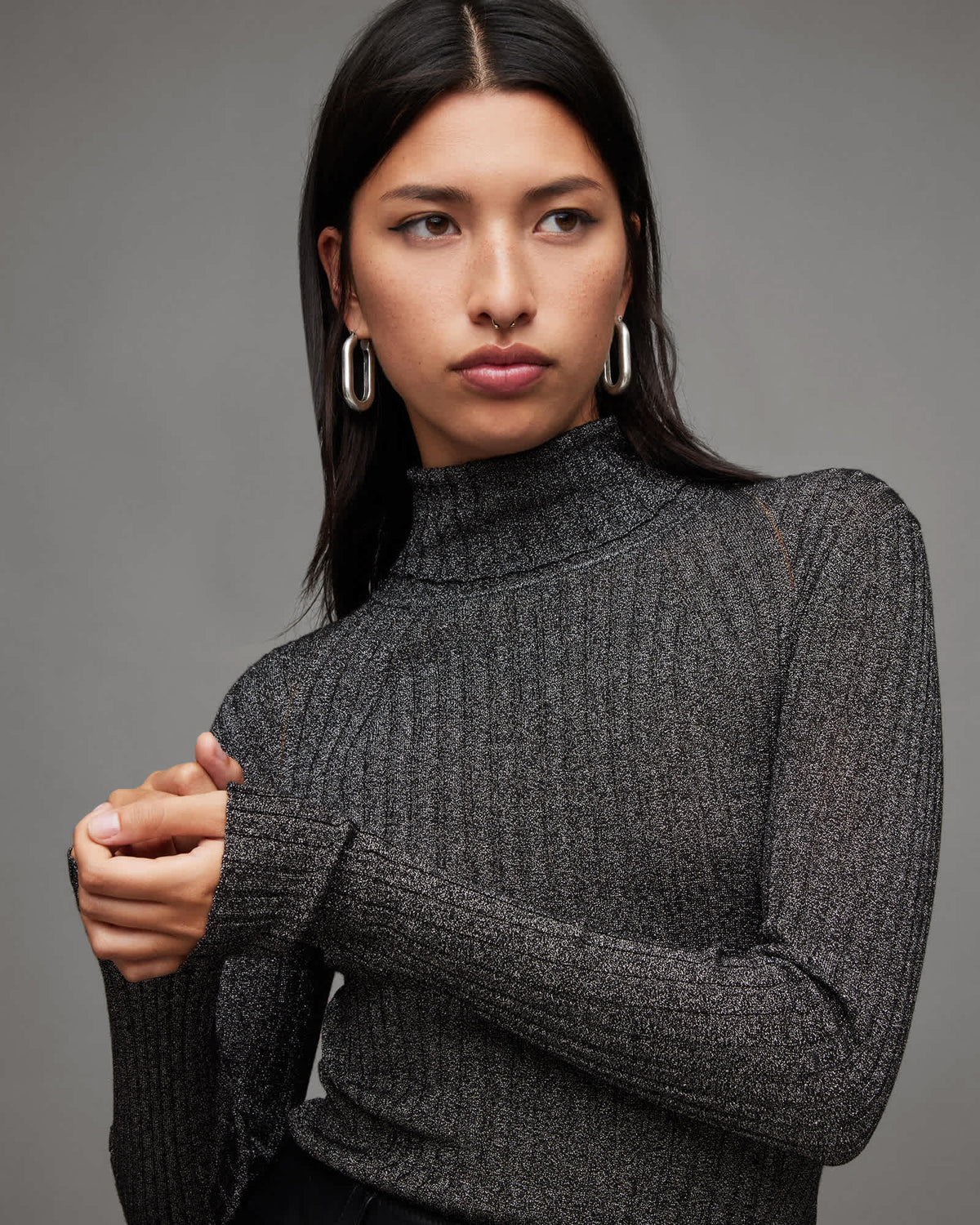 Juliette Roll Neck Slim Metallic Jumper Black/Silver