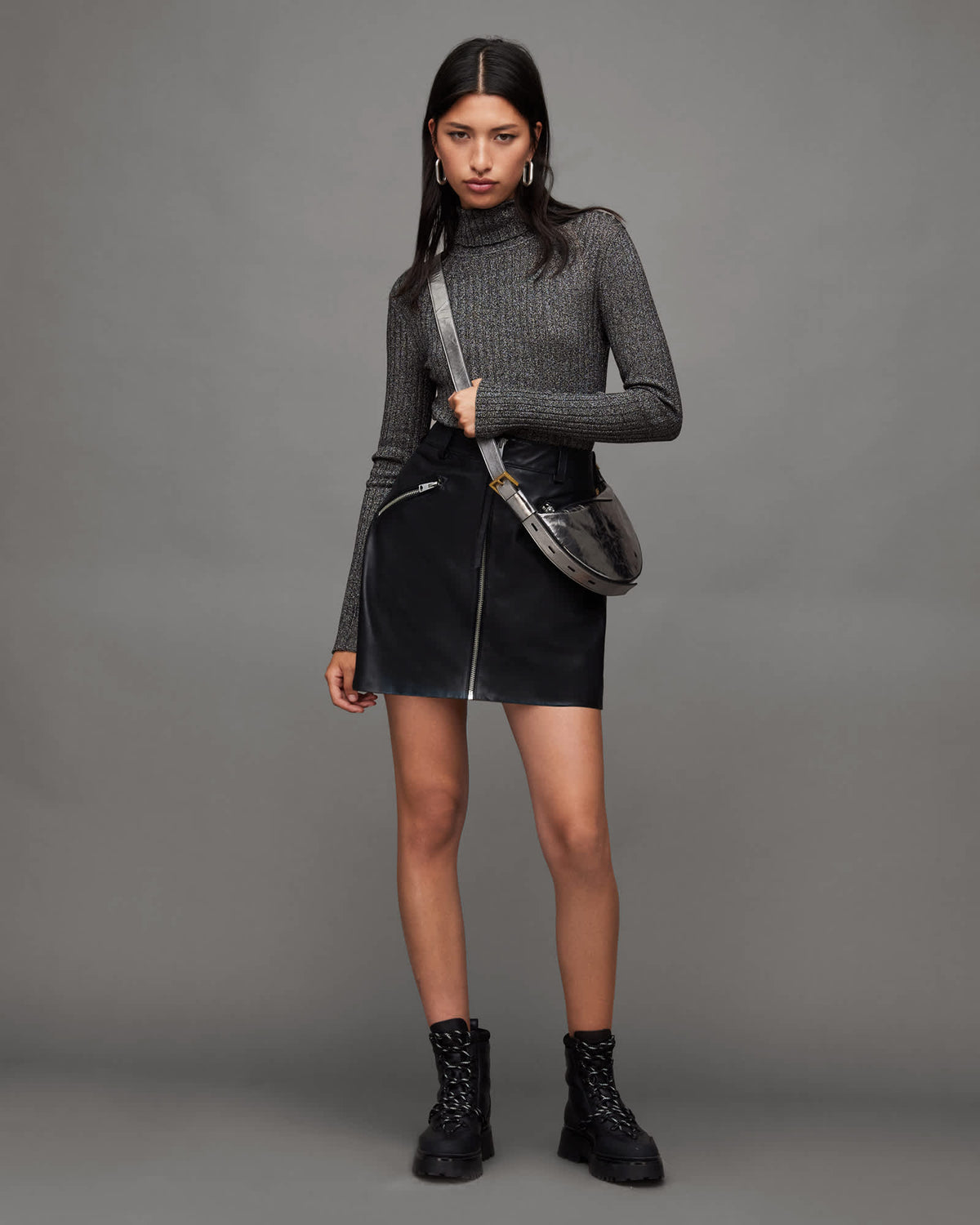 Juliette Roll Neck Slim Metallic Jumper Black/Silver