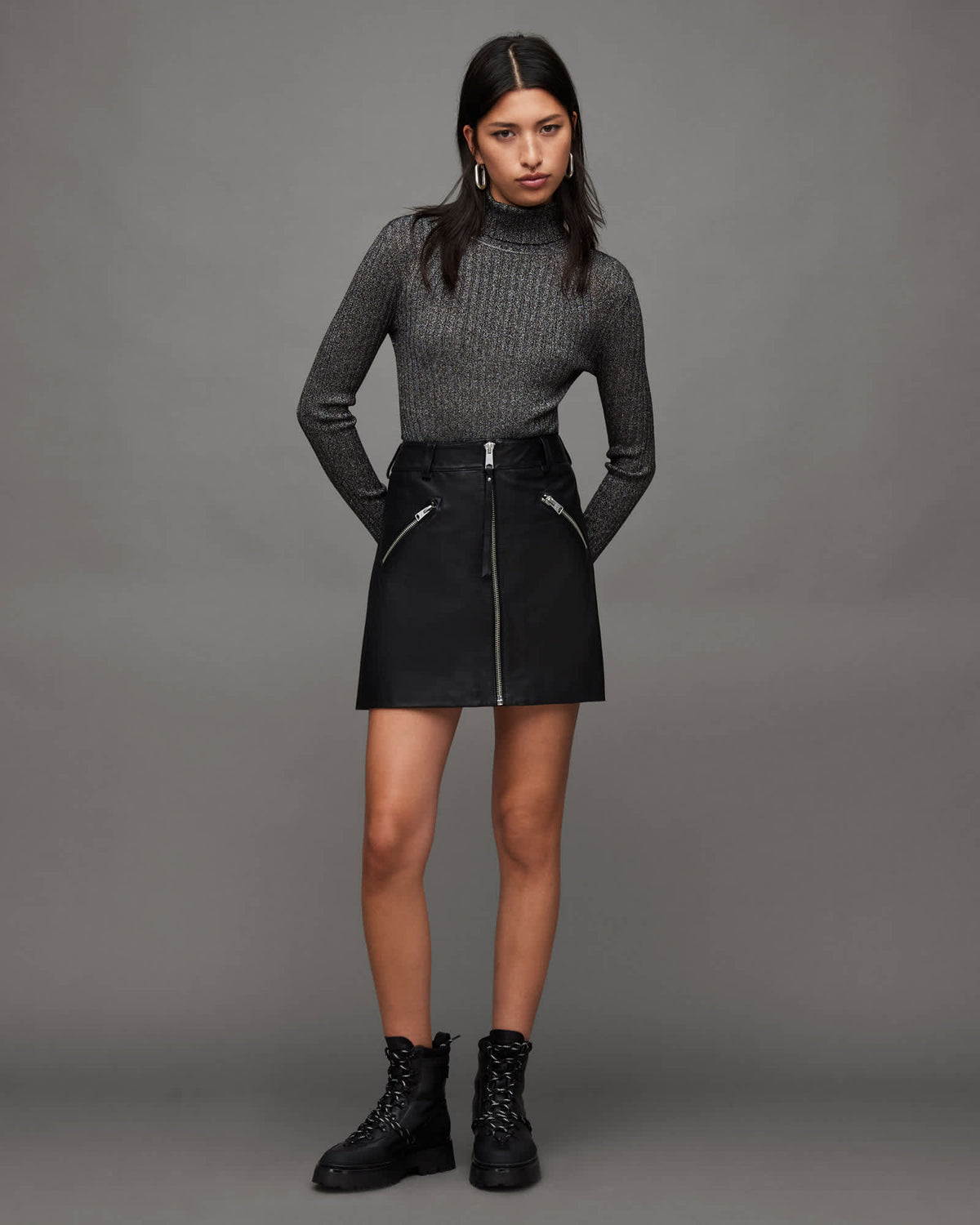 Juliette Roll Neck Slim Metallic Jumper Black/Silver