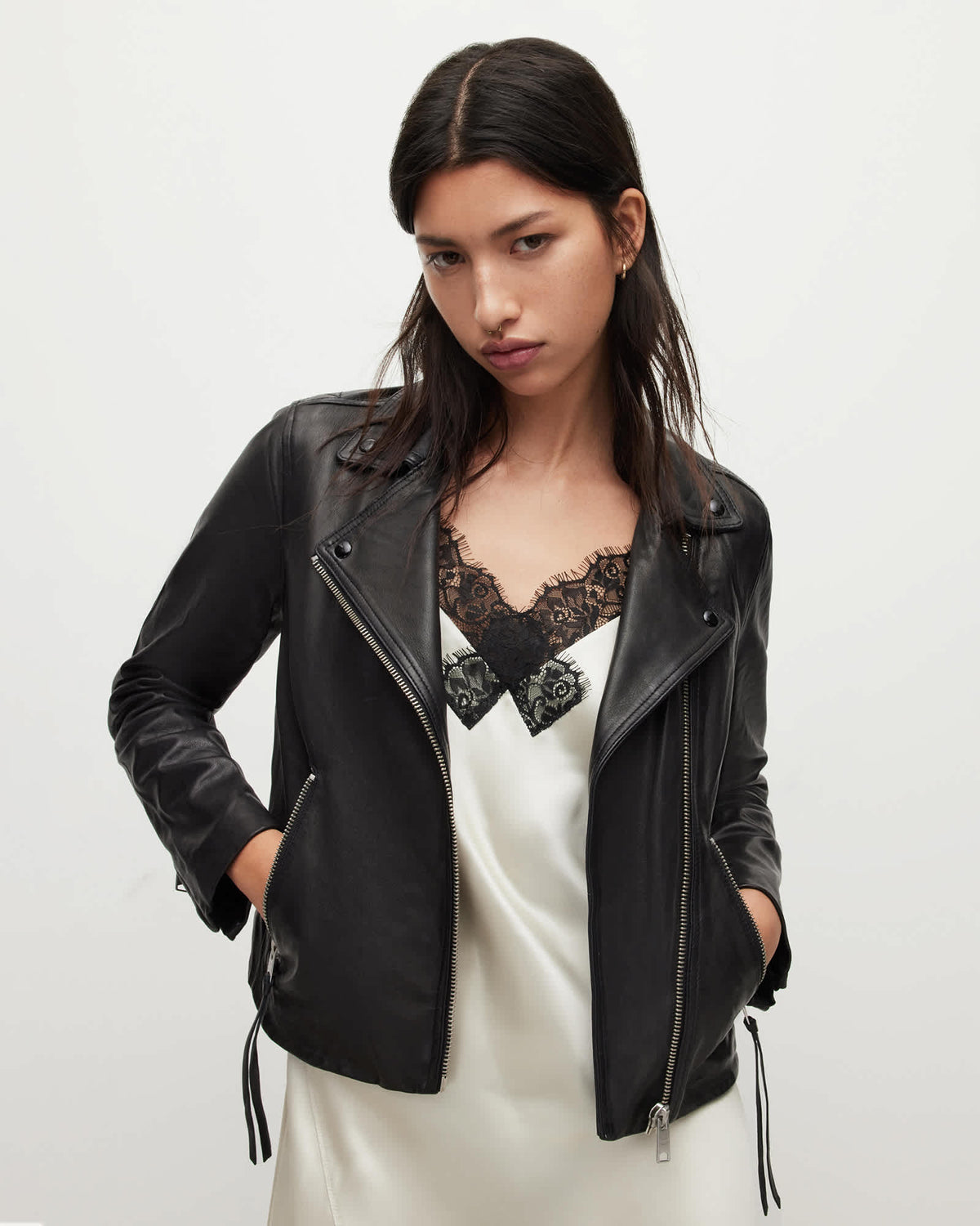 Dalby Slim Fit Leather Biker Jacket Black
