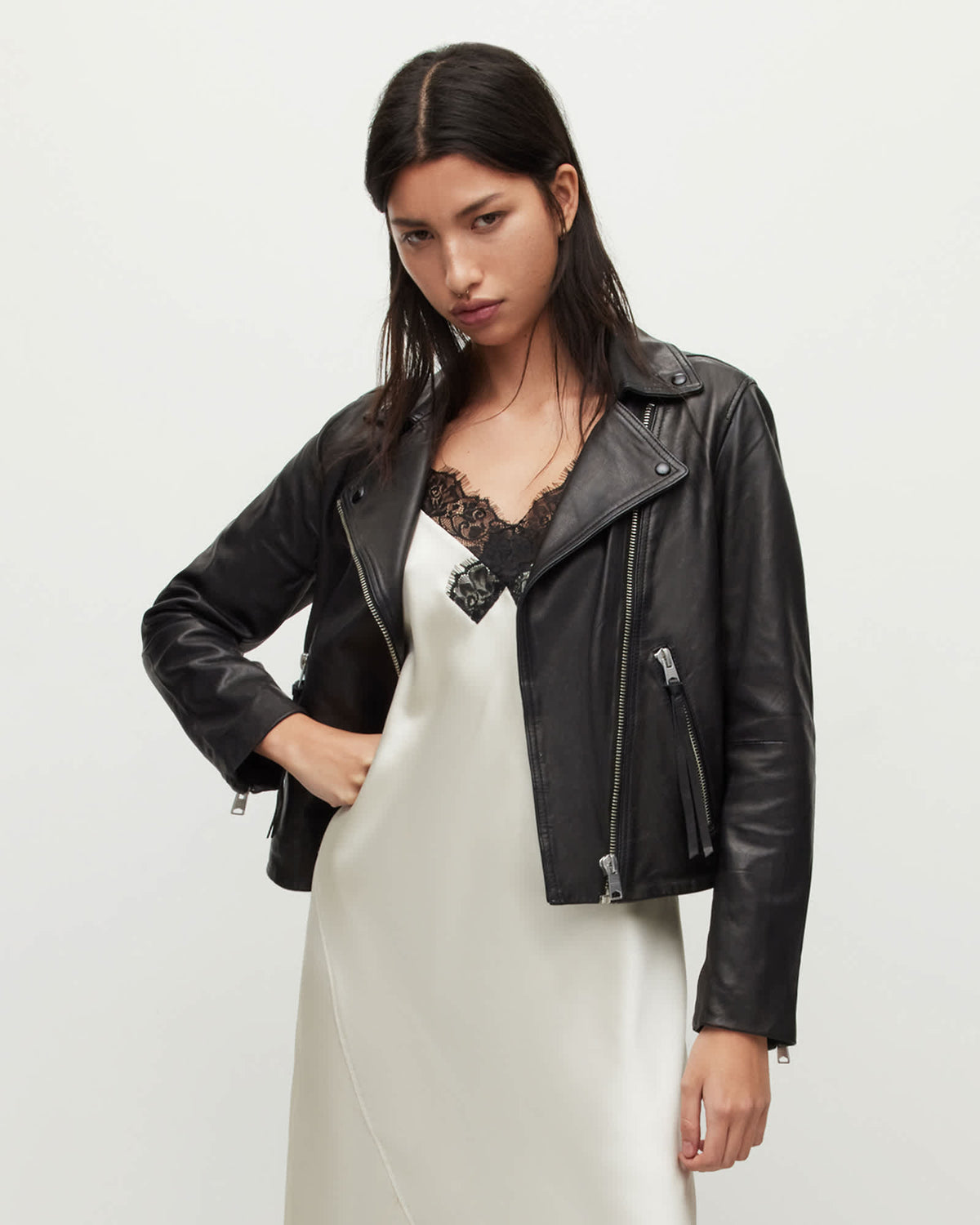 Dalby Slim Fit Leather Biker Jacket Black