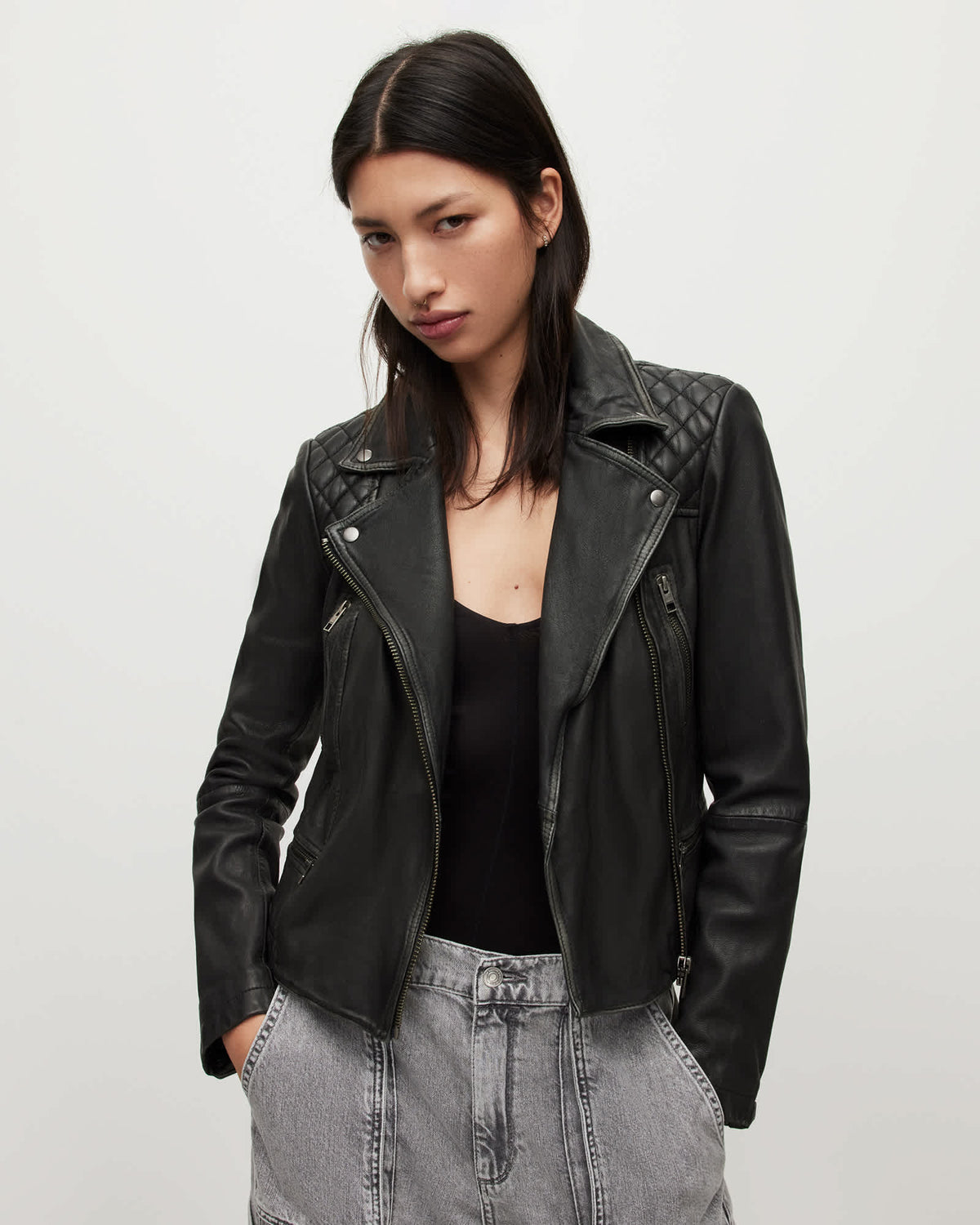 Cargo Distressed Leather Biker Jacket Black/Grey