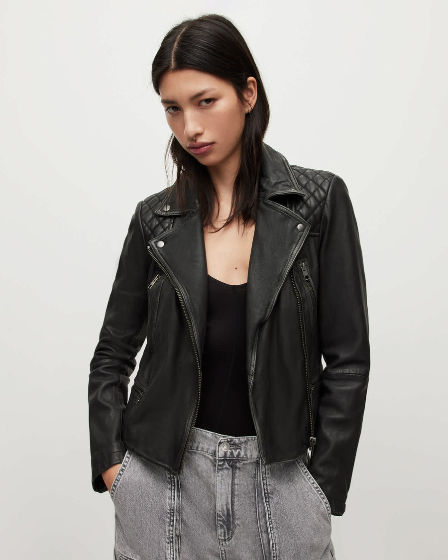Cargo Distressed Leather Biker Jacket Black/Grey