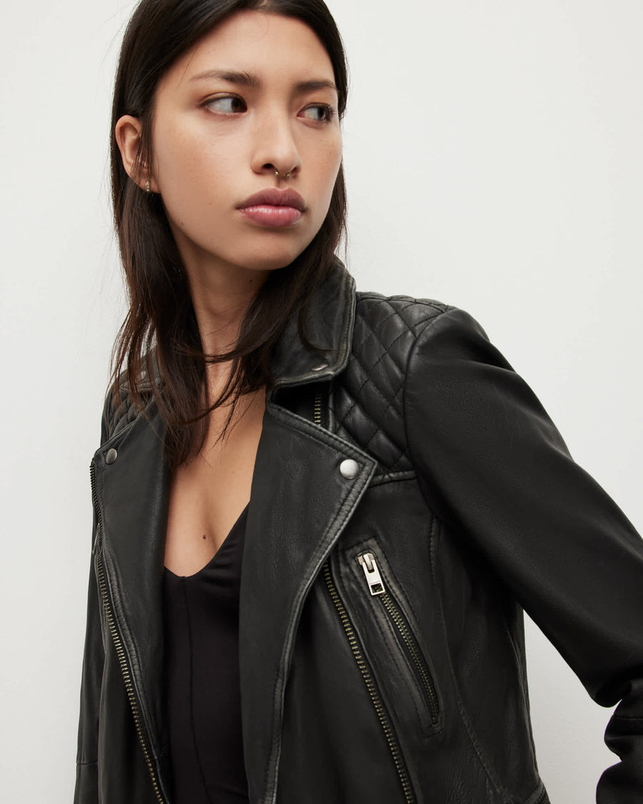 Cargo Distressed Leather Biker Jacket Black/Grey