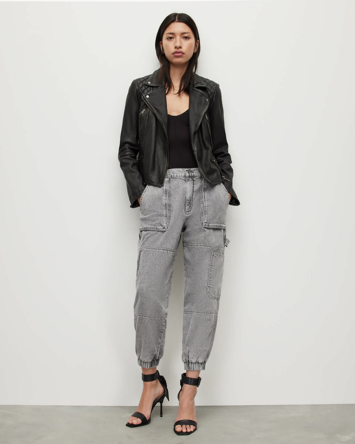 Cargo Distressed Leather Biker Jacket Black/Grey