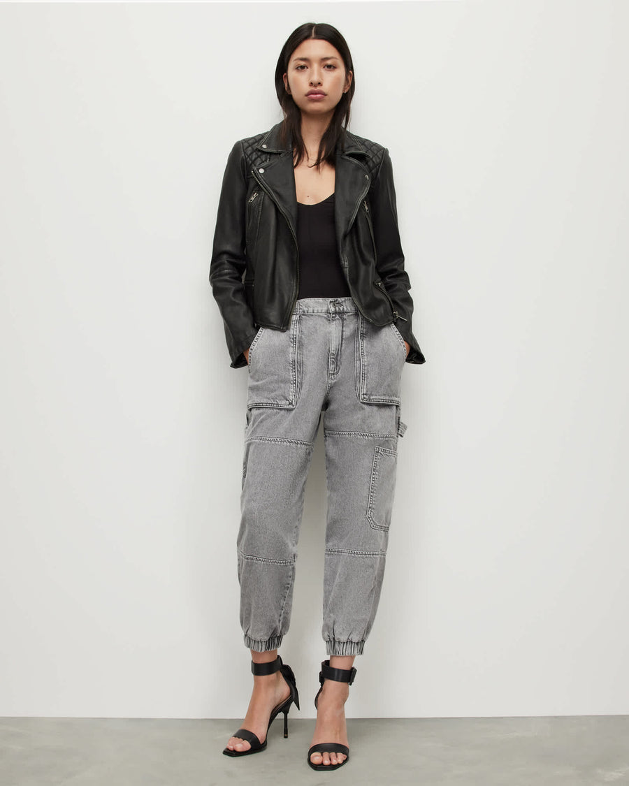 Cargo Distressed Leather Biker Jacket Black/Grey