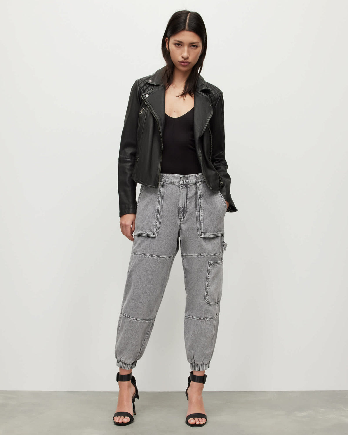 Cargo Distressed Leather Biker Jacket Black/Grey