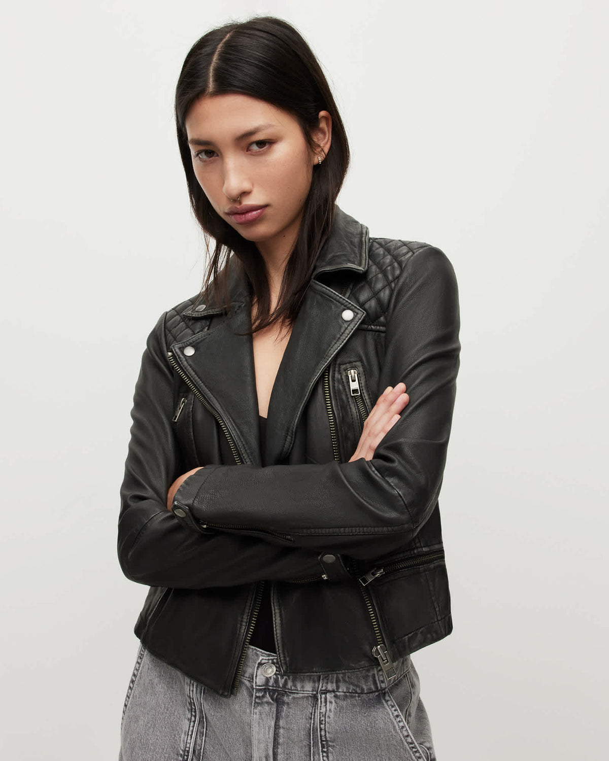 Cargo Distressed Leather Biker Jacket Black/Grey