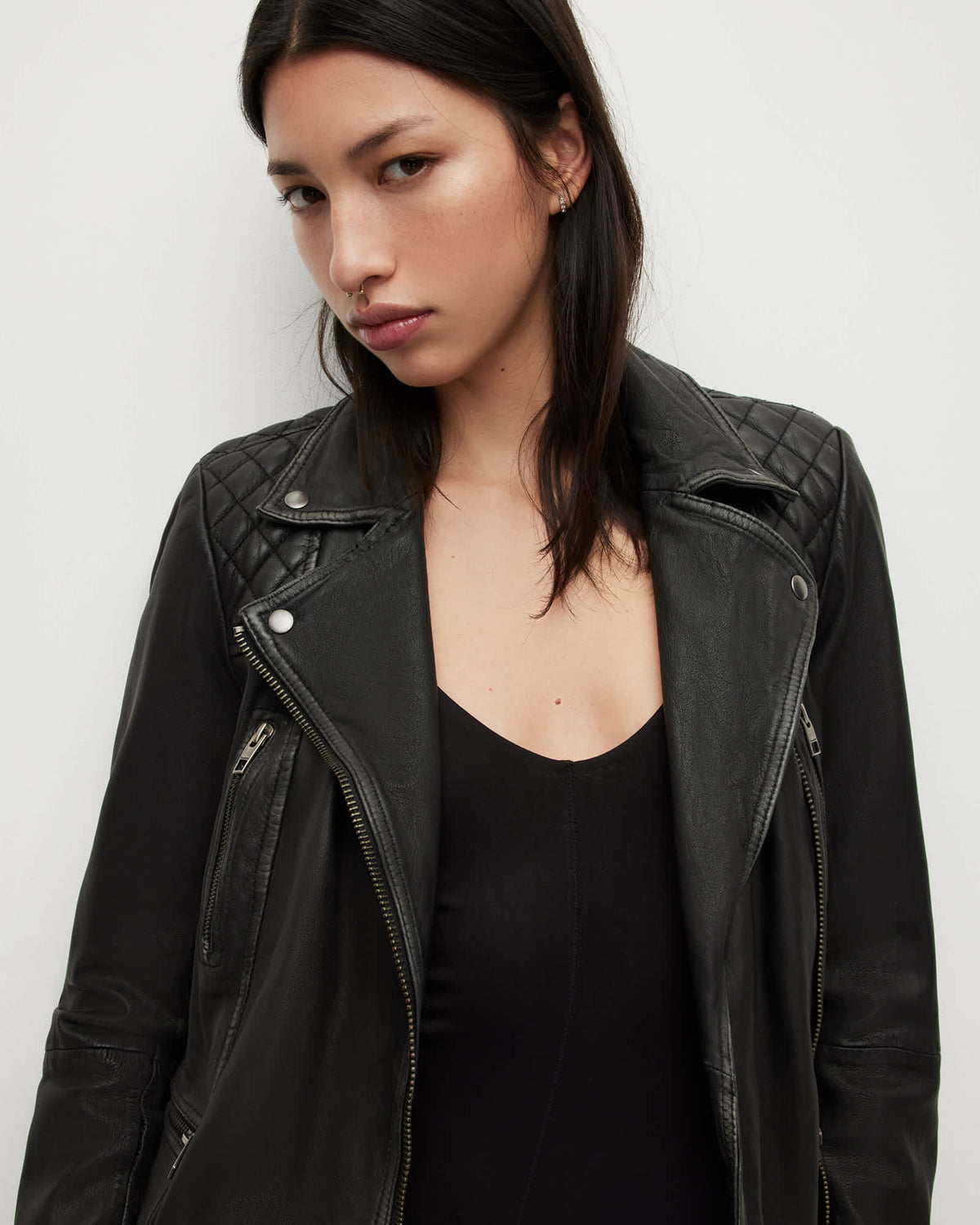 Cargo Distressed Leather Biker Jacket Black/Grey