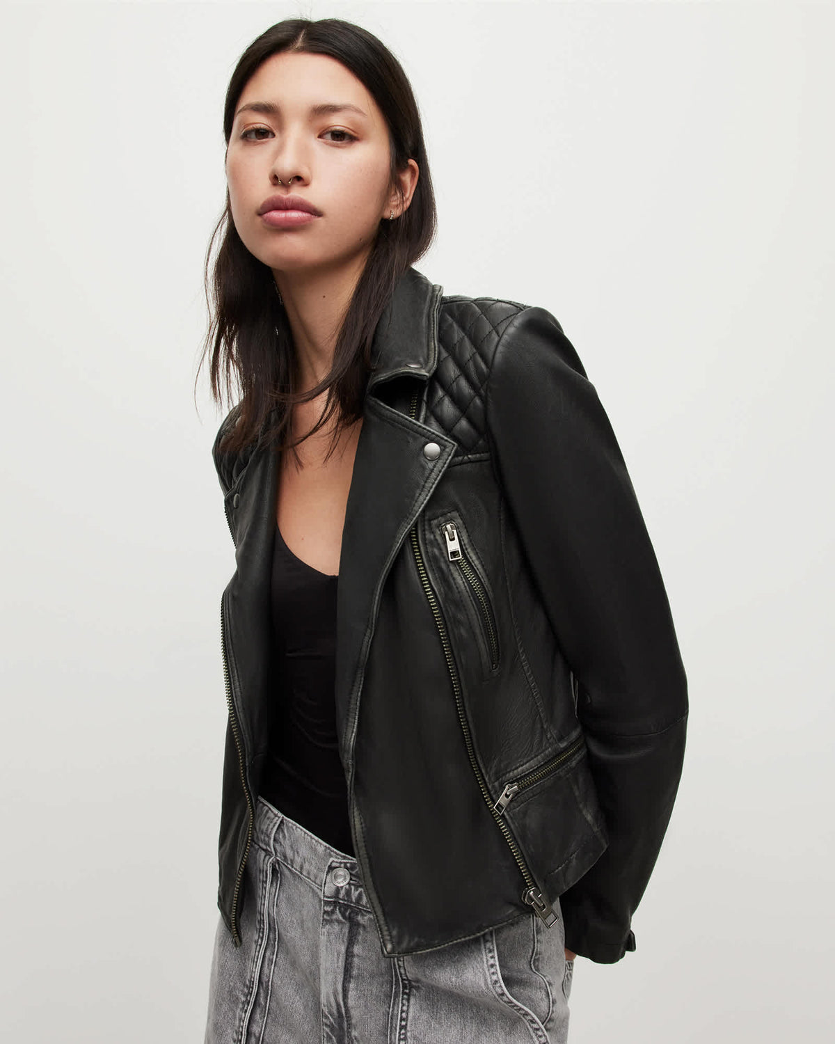 Cargo Distressed Leather Biker Jacket Black/Grey