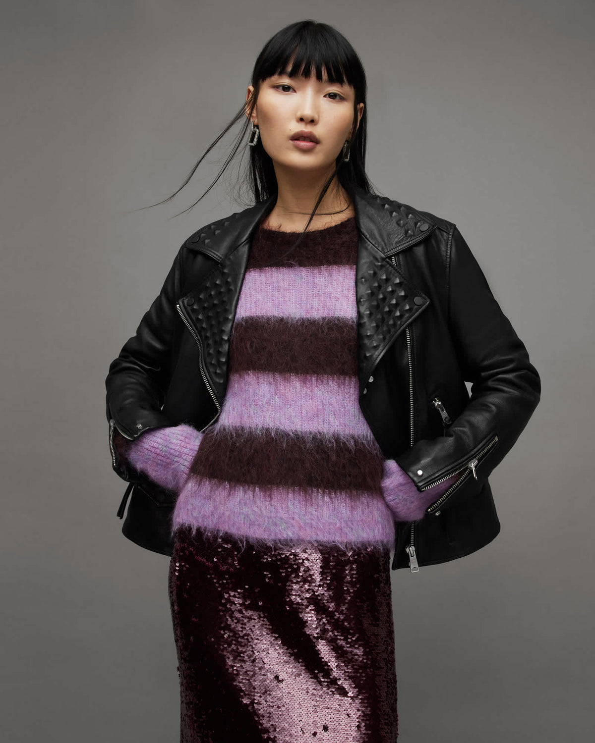 Lyra Pyramid Stud Leather Biker Jacket Black