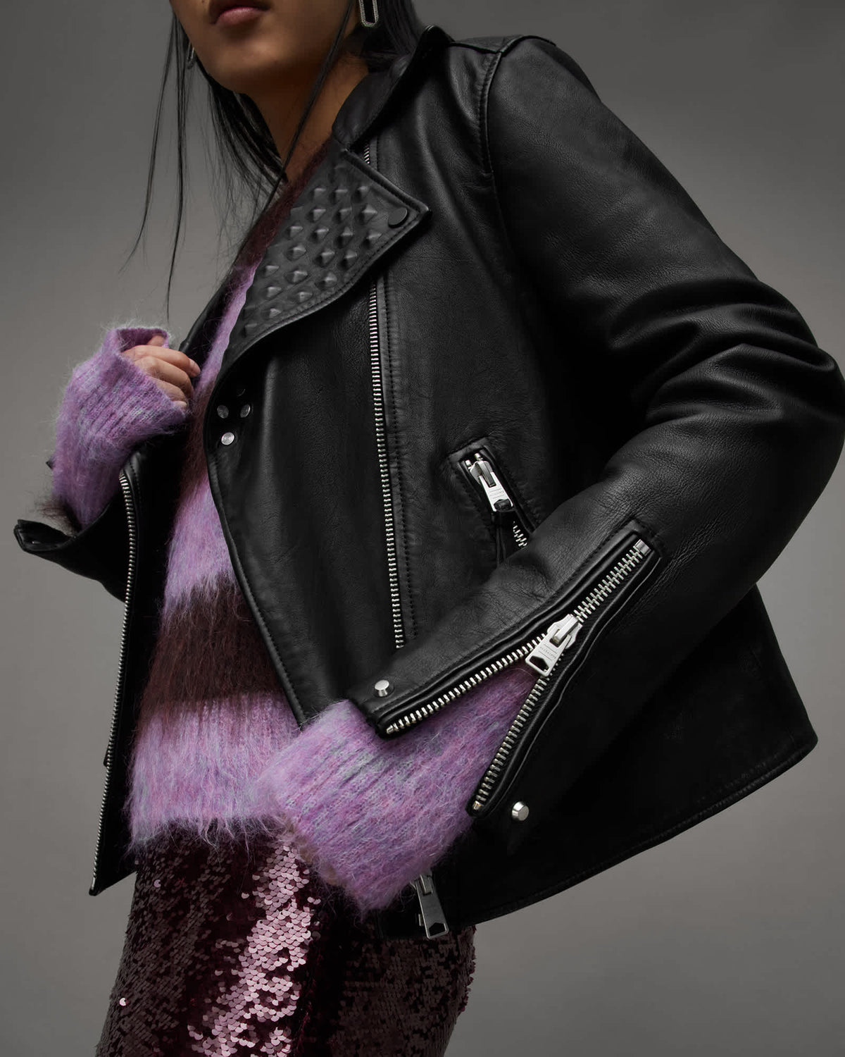 Lyra Pyramid Stud Leather Biker Jacket Black