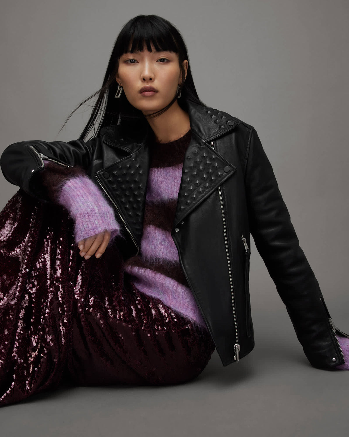 Lyra Pyramid Stud Leather Biker Jacket Black