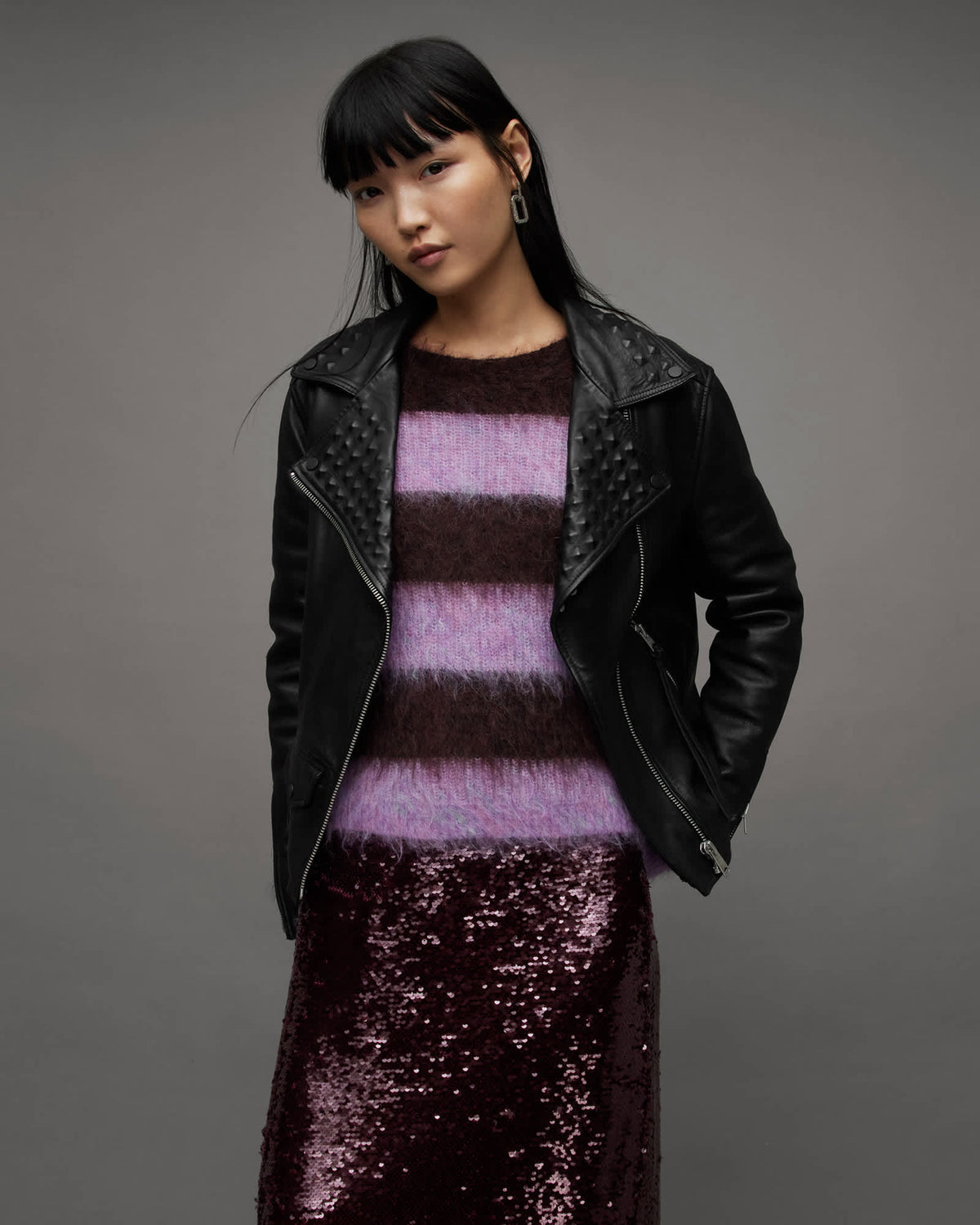 Lyra Pyramid Stud Leather Biker Jacket Black