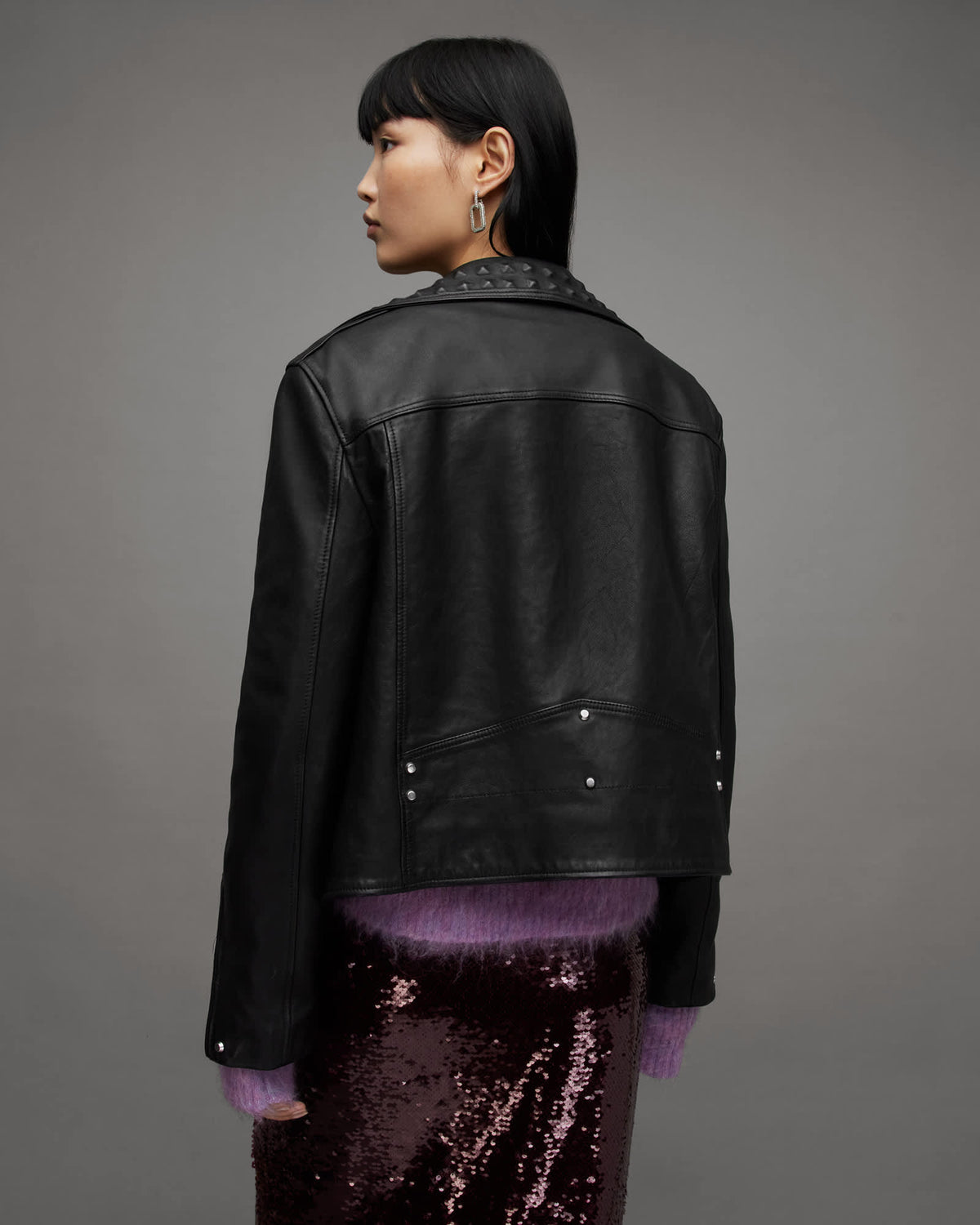Lyra Pyramid Stud Leather Biker Jacket Black