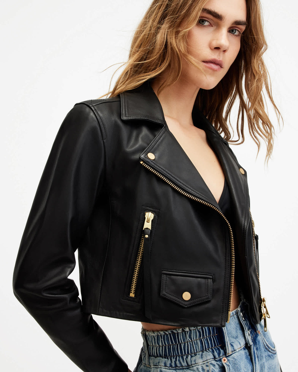 Elora Cropped Slim Leather Biker Jacket Black