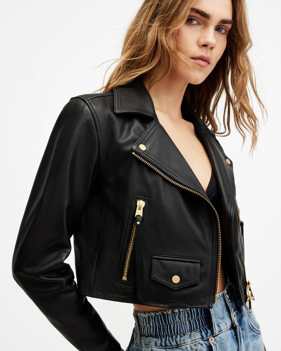 Elora Cropped Slim Leather Biker Jacket Black