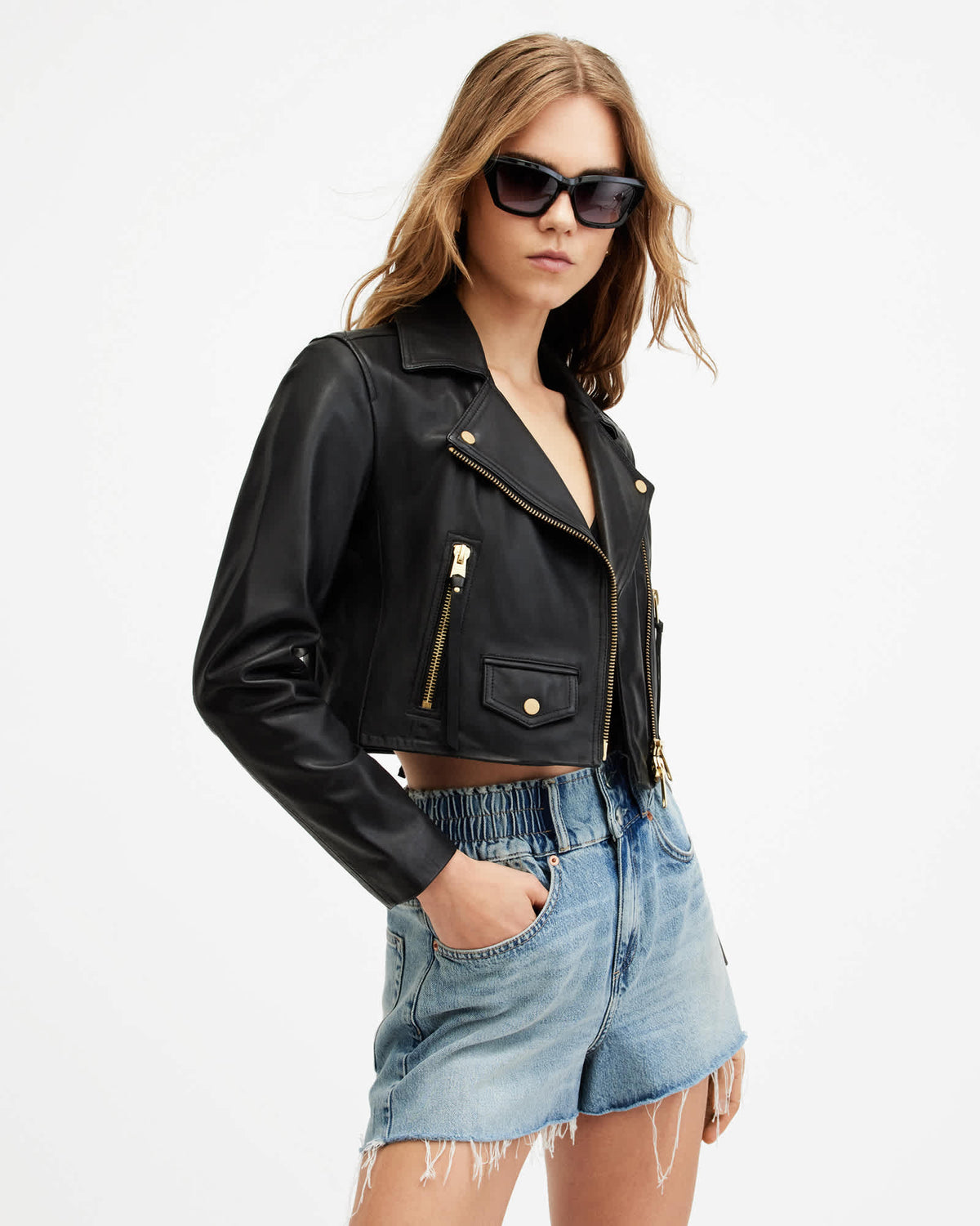 Elora Cropped Slim Leather Biker Jacket Black