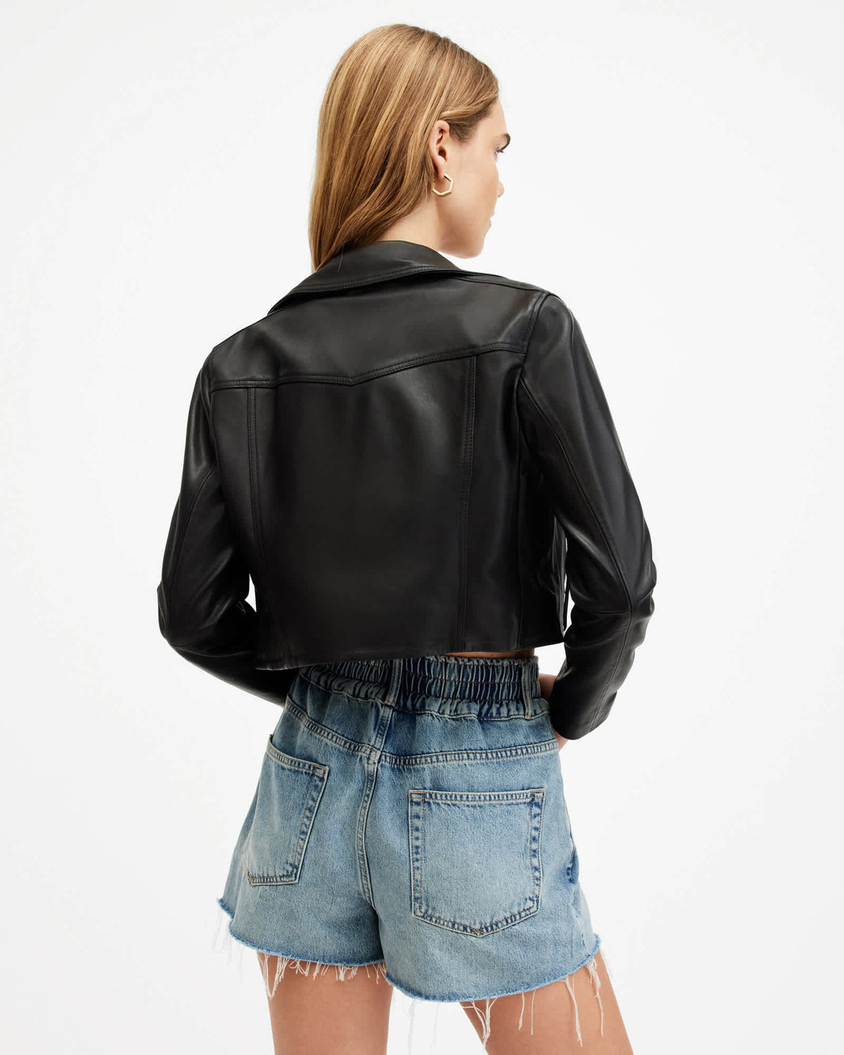 Elora Cropped Slim Leather Biker Jacket Black