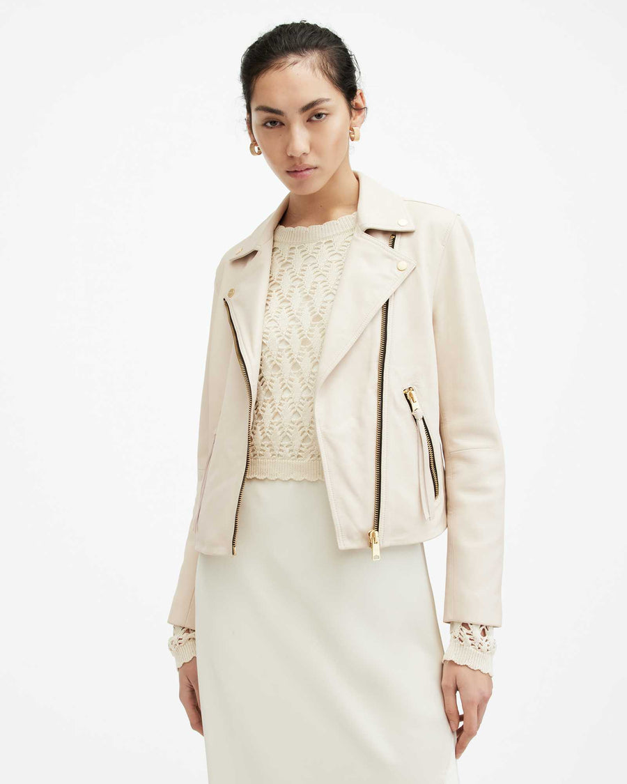 Dalby Slim Fit Leather Biker Jacket IVORY WHITE