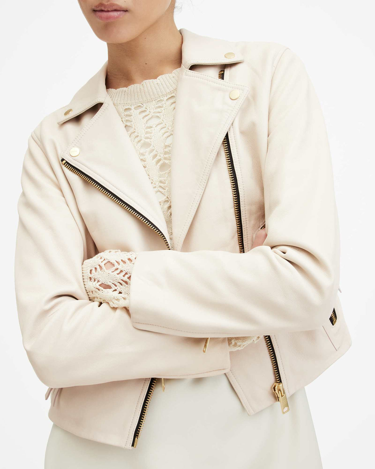 Dalby Slim Fit Leather Biker Jacket IVORY WHITE