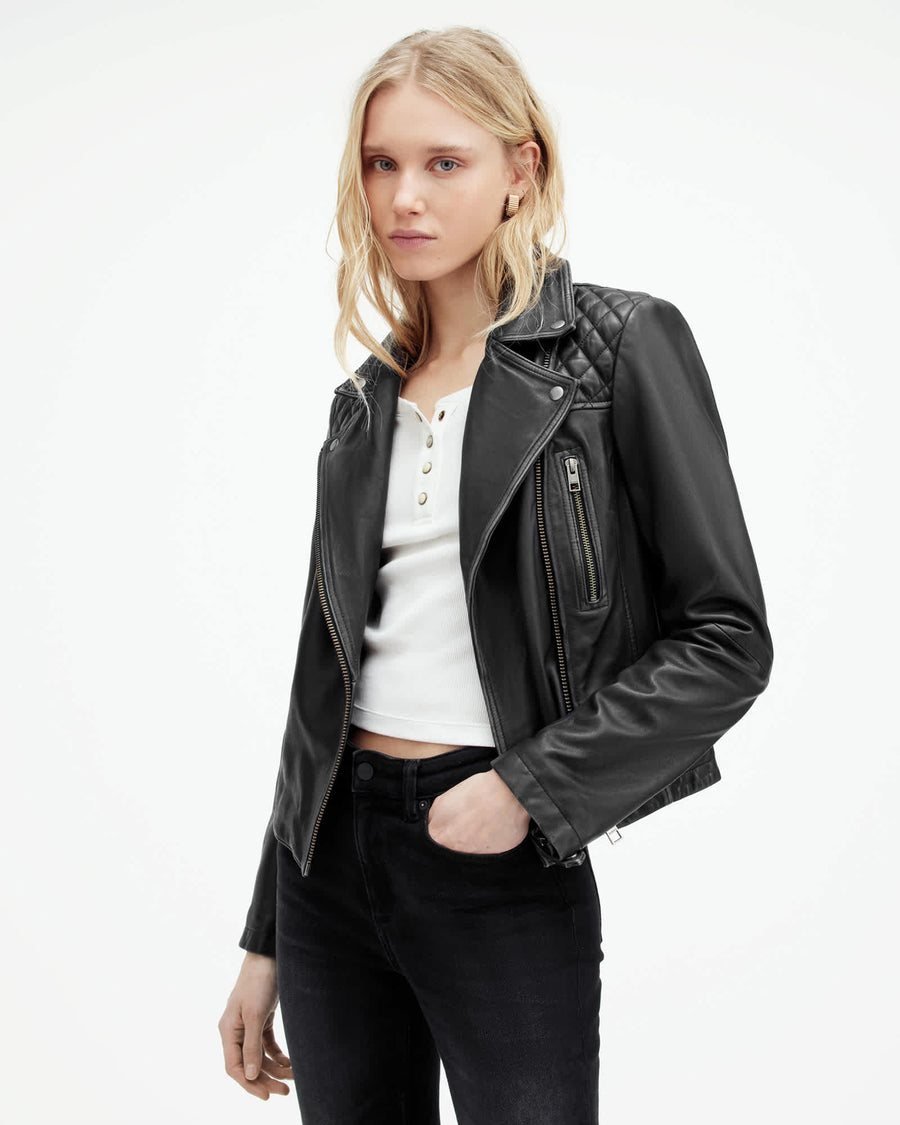 Cargo Distressed Leather Biker Jacket Black/Grey