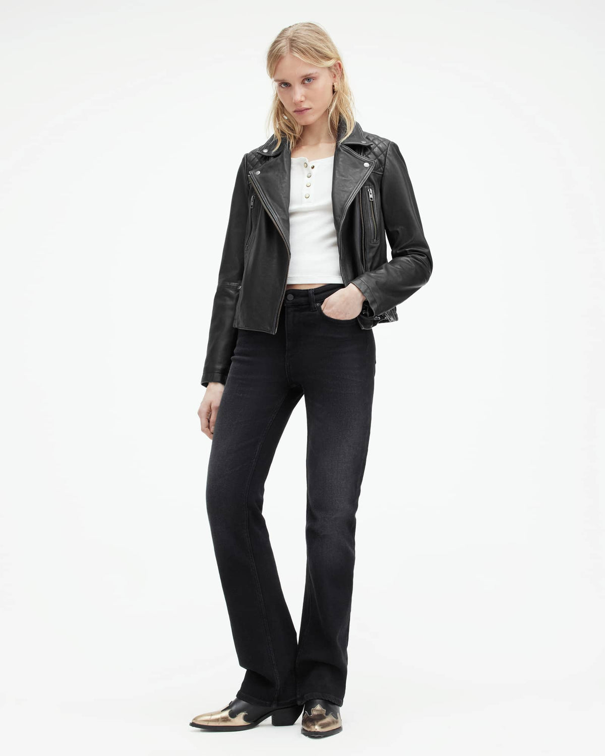 Cargo Distressed Leather Biker Jacket Black/Grey