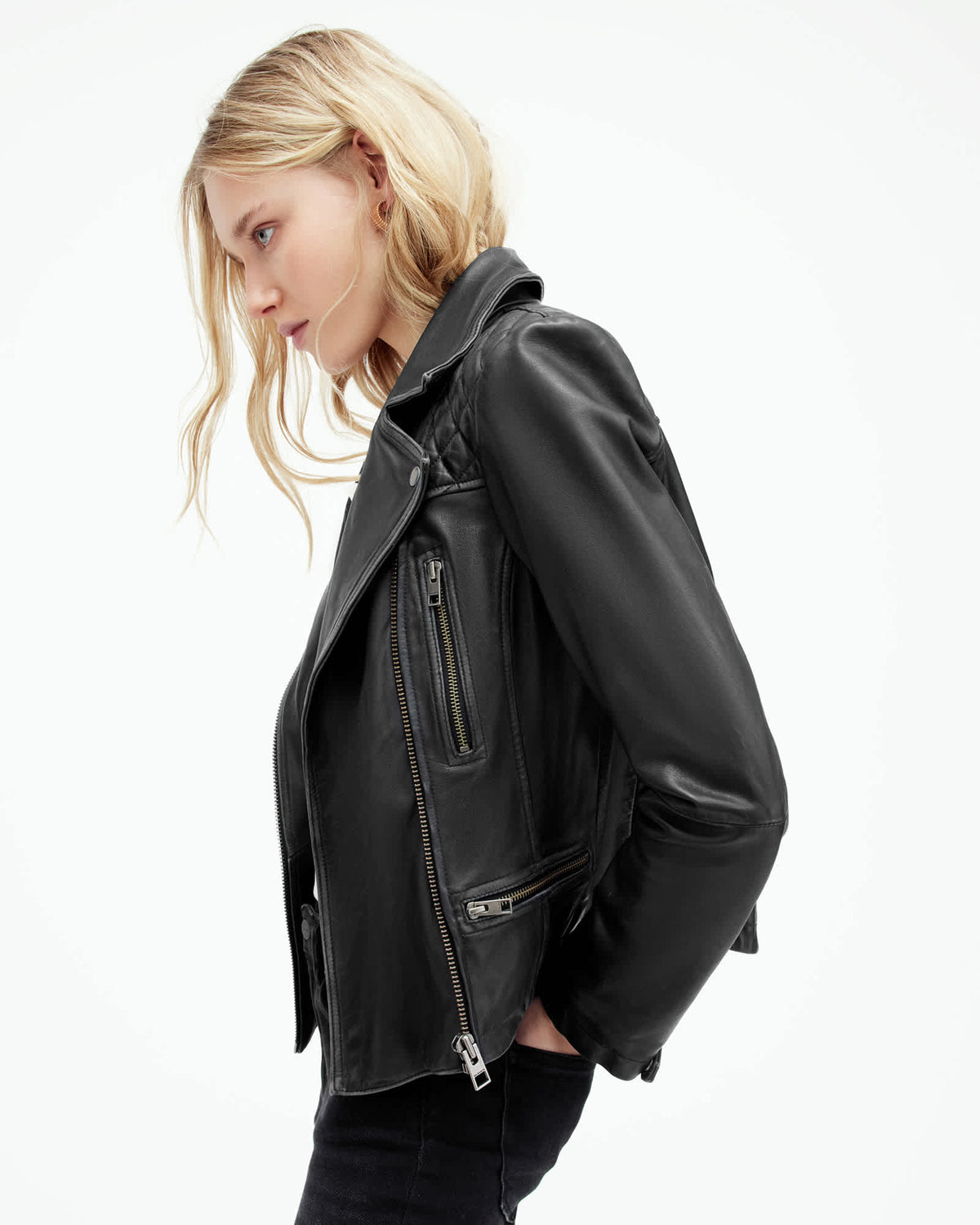 Cargo Distressed Leather Biker Jacket Black/Grey