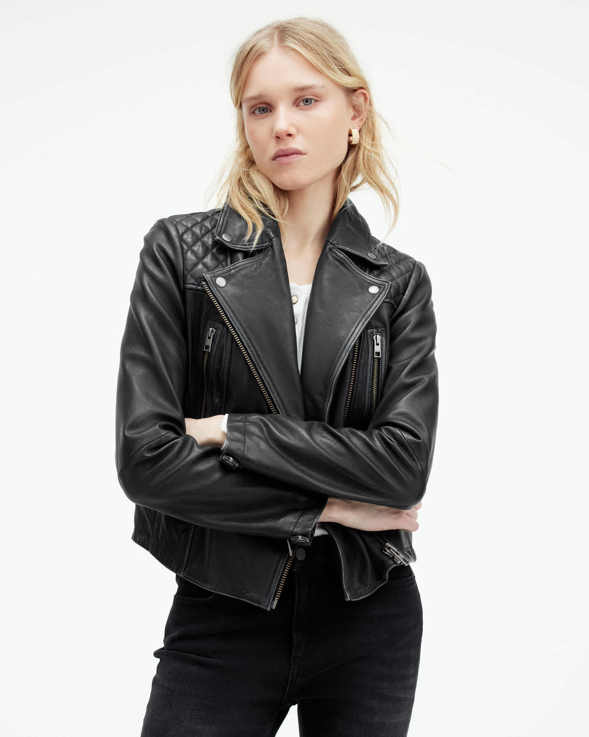 Cargo Distressed Leather Biker Jacket Black/Grey