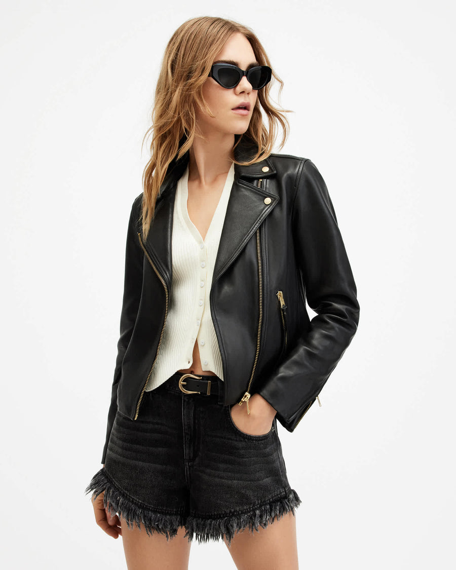 Dalby Slim Fit Leather Biker Jacket BLACK/GOLD