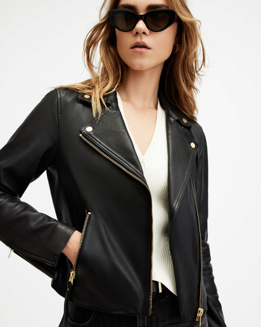 Dalby Slim Fit Leather Biker Jacket BLACK/GOLD