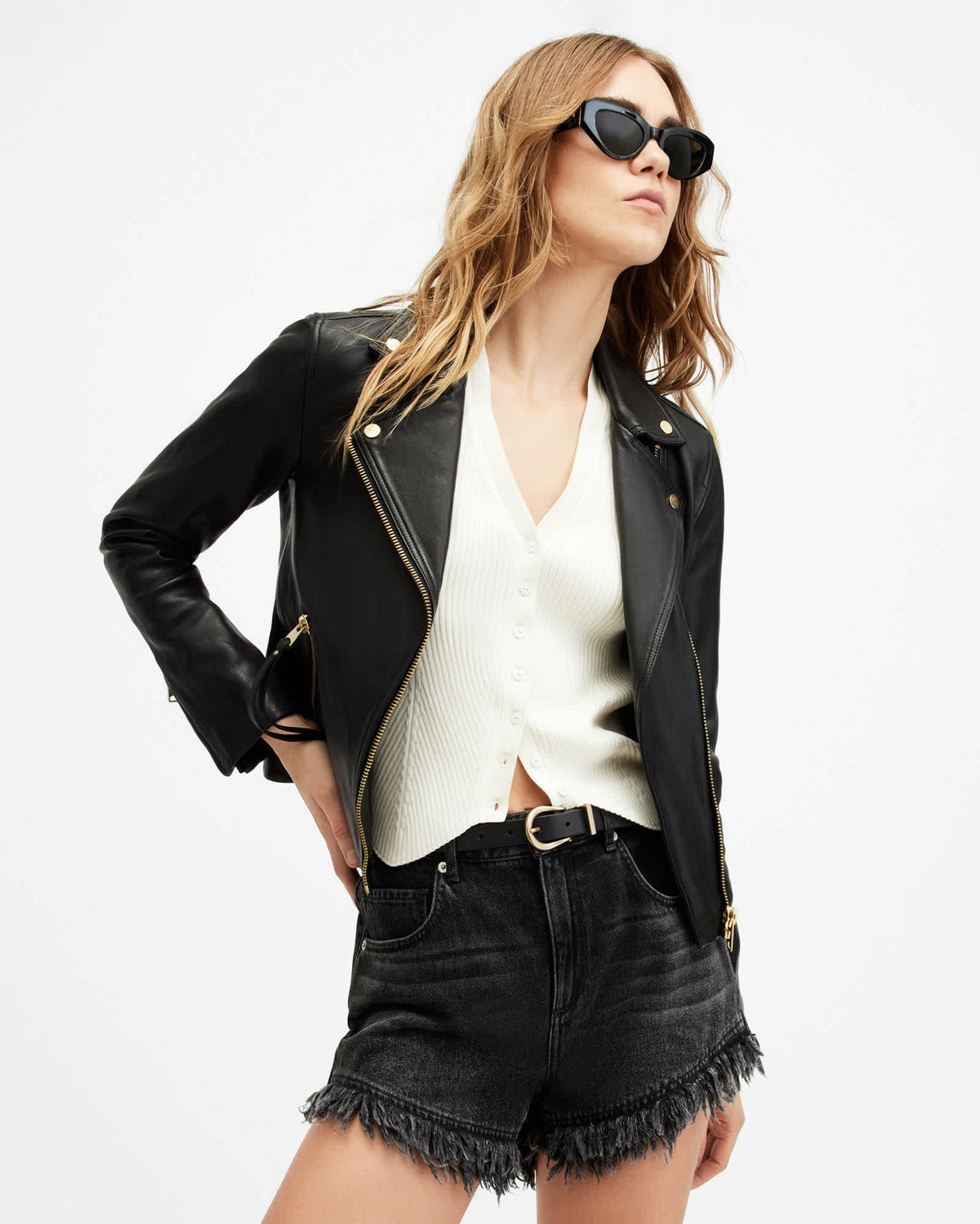 Dalby Slim Fit Leather Biker Jacket BLACK/GOLD