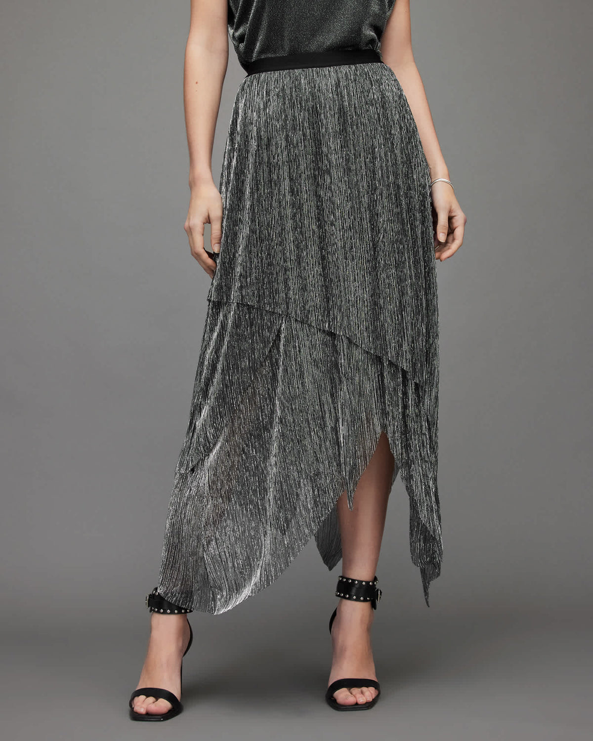 Veena Tulle Shimmer Pleated Midi Skirt Silver