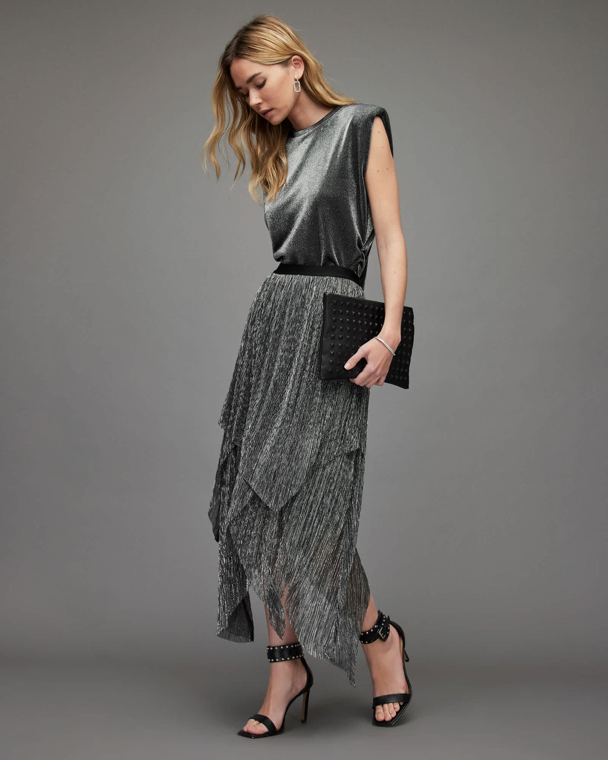 Veena Tulle Shimmer Pleated Midi Skirt Silver