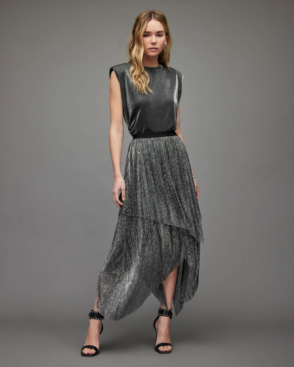 Veena Tulle Shimmer Pleated Midi Skirt Silver