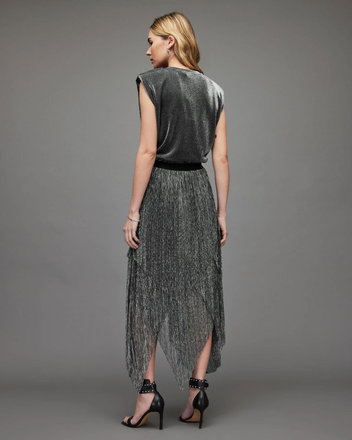Veena Tulle Shimmer Pleated Midi Skirt Silver
