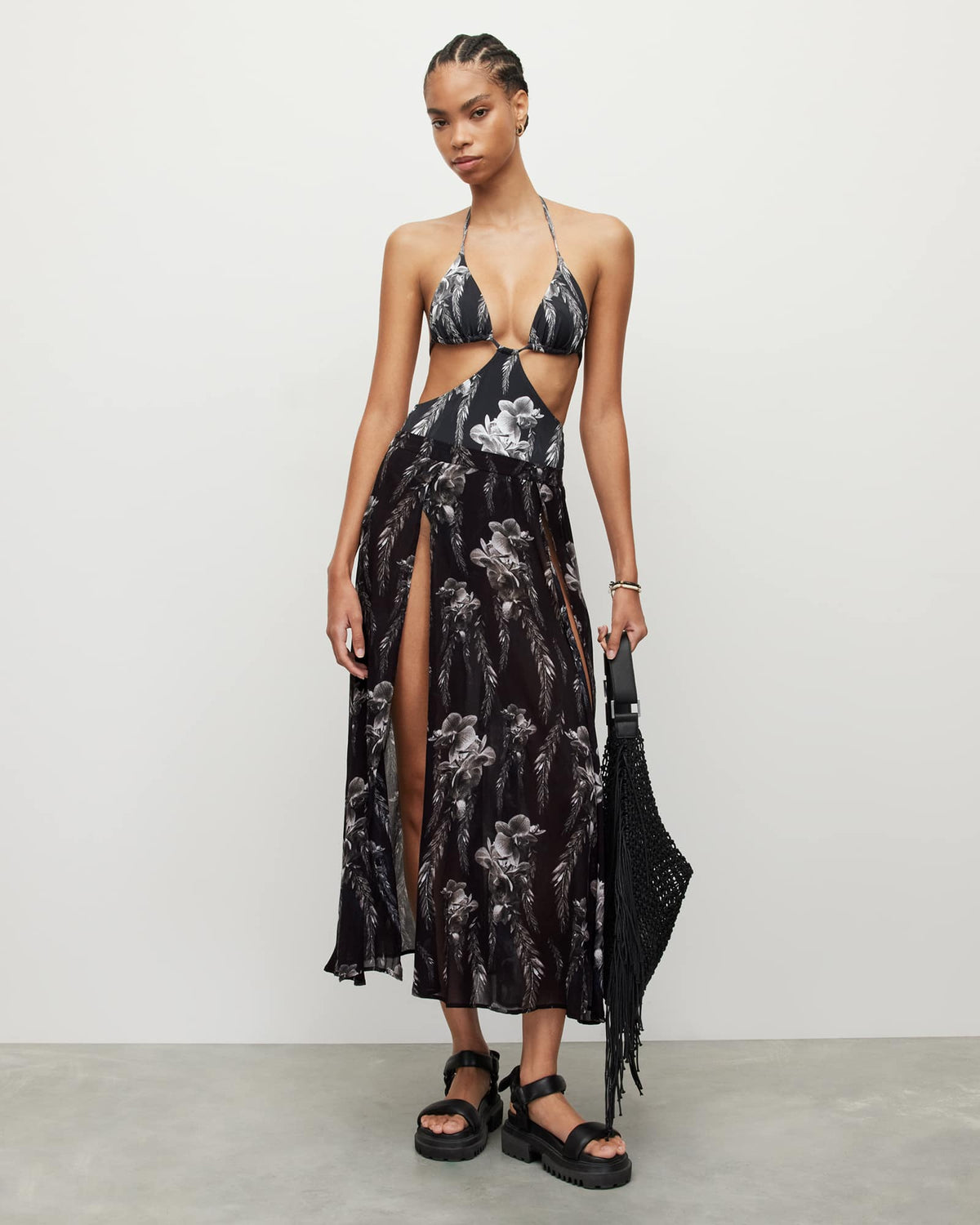 Cari Mia Sarong Front Split Floral Maxi Skirt Black