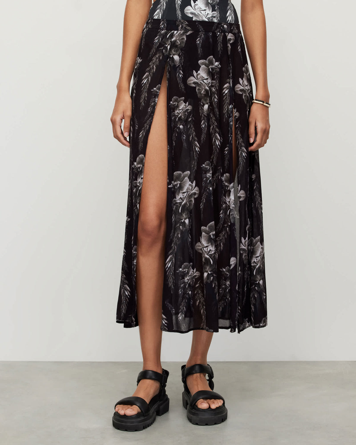 Cari Mia Sarong Front Split Floral Maxi Skirt Black