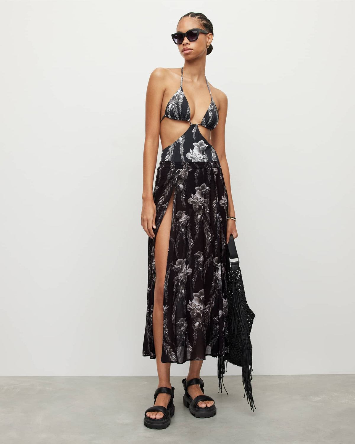 Cari Mia Sarong Front Split Floral Maxi Skirt Black