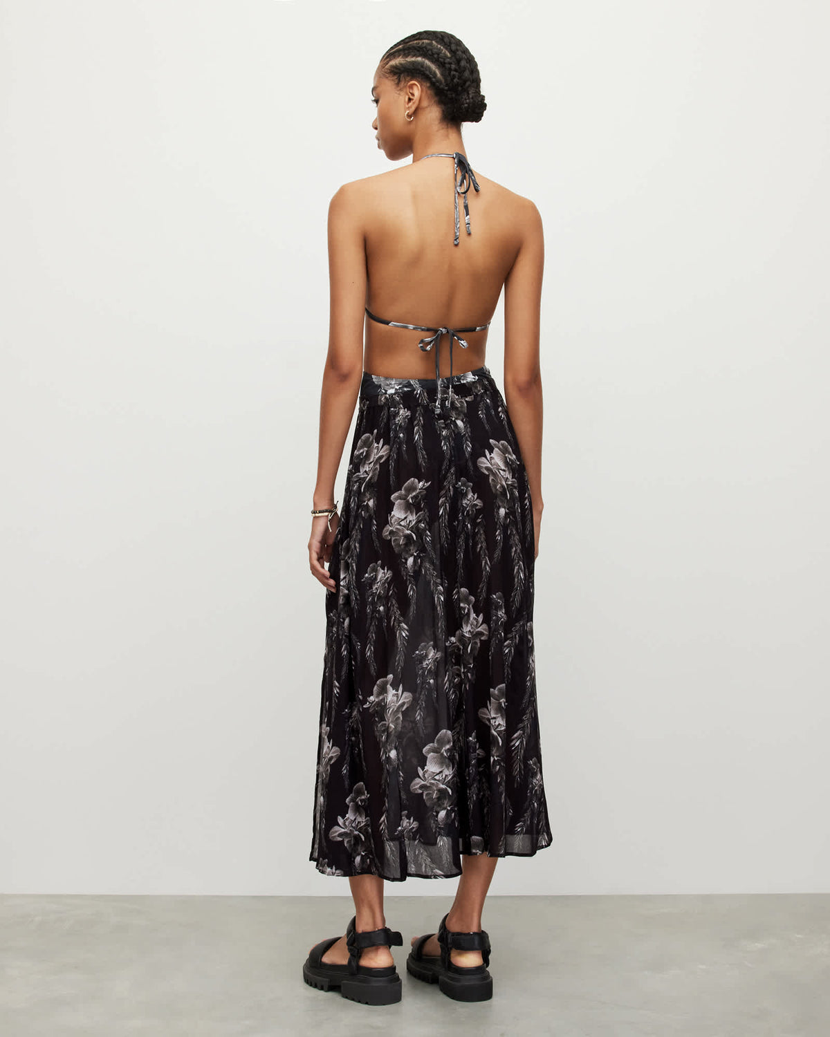 Cari Mia Sarong Front Split Floral Maxi Skirt Black