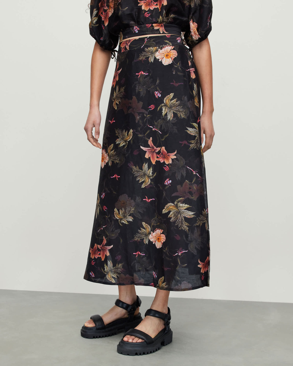 Asta Viviana Silk Linen Blend Maxi Skirt Black